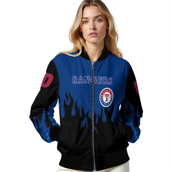 customized texas rangers flame border blue black bomber jacket latest model
