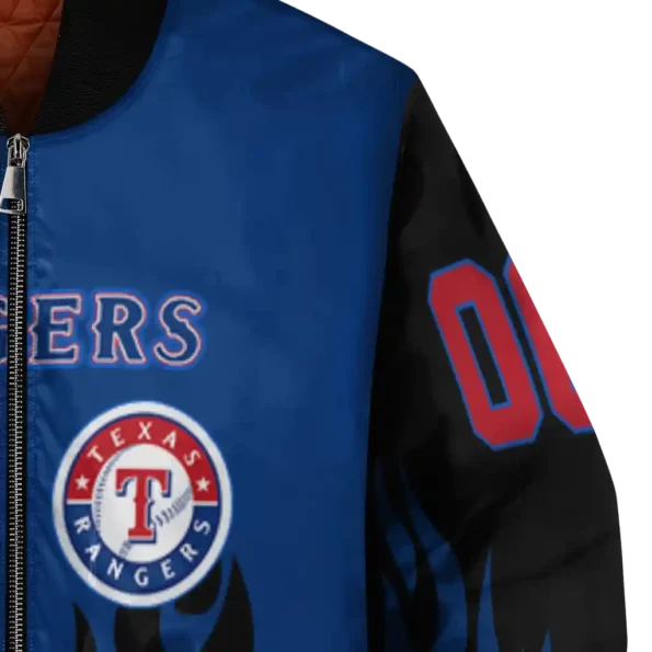 customized texas rangers flame border blue black bomber jacket premium grade