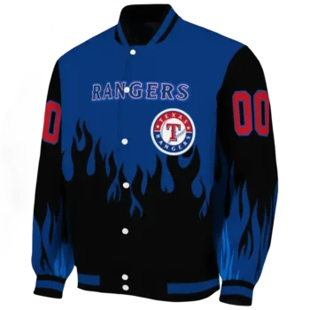 customized texas rangers flame border blue black varsity jacket best selling