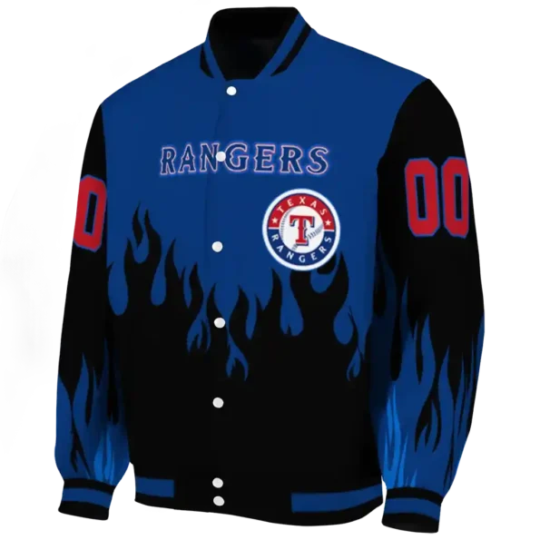 customized texas rangers flame border blue black varsity jacket best selling