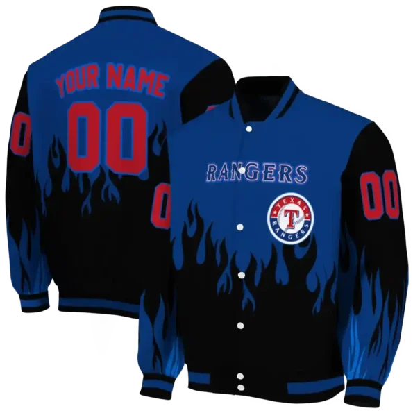 customized texas rangers flame border blue black varsity jacket fashion forward