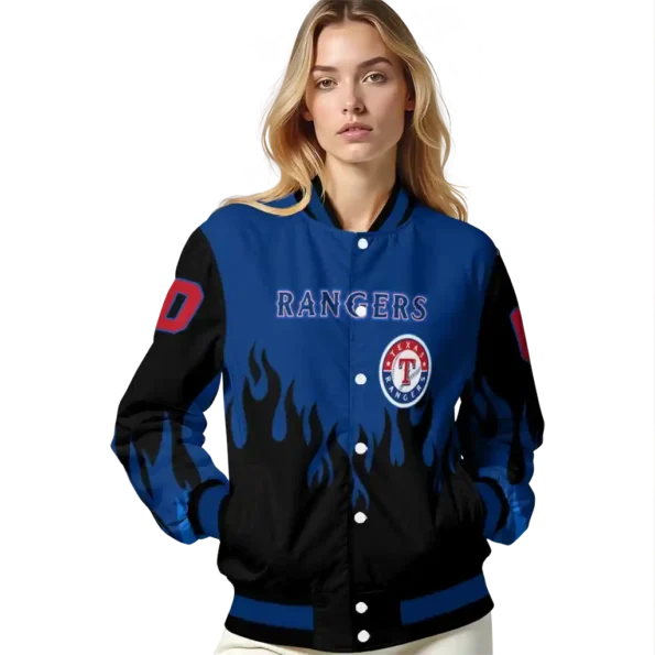 customized texas rangers flame border blue black varsity jacket latest model
