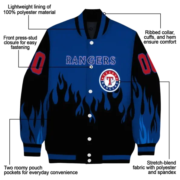customized texas rangers flame border blue black varsity jacket new arrival