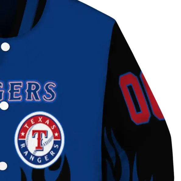 customized texas rangers flame border blue black varsity jacket premium grade