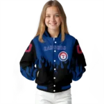 customized texas rangers flame border blue black varsity jacket best selling