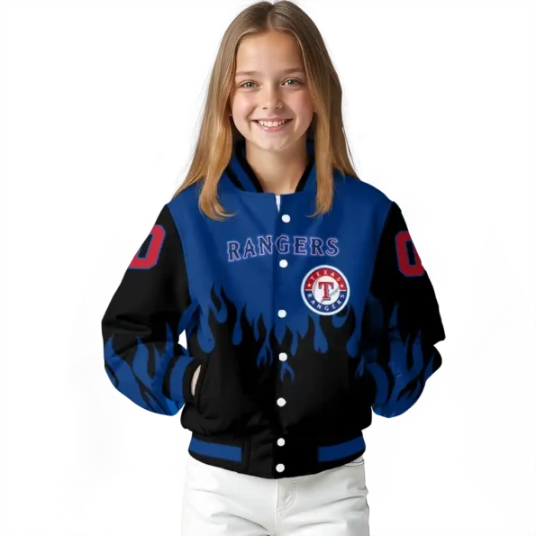 customized texas rangers flame border blue black varsity jacket top rated