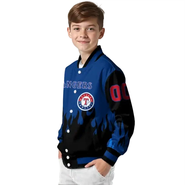 customized texas rangers flame border blue black varsity jacket trendy