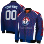 customized texas rangers hexagon grid blue bomber jacket best selling