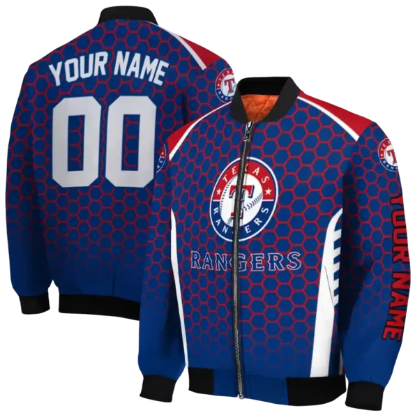 customized texas rangers hexagon grid blue bomber jacket fashion forward