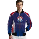 customized texas rangers hexagon grid blue bomber jacket best selling