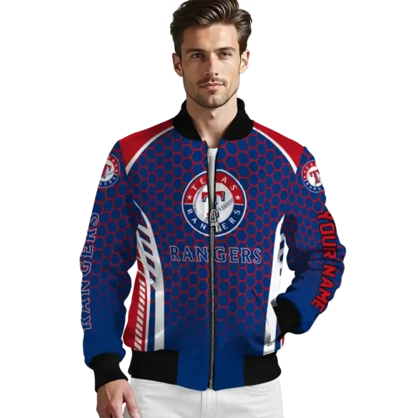 customized texas rangers hexagon grid blue bomber jacket high quality