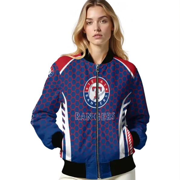 customized texas rangers hexagon grid blue bomber jacket latest model