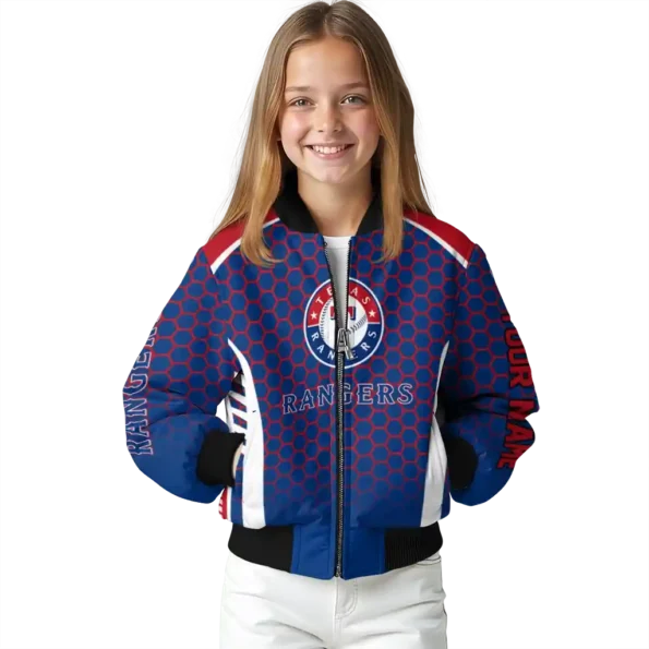 customized texas rangers hexagon grid blue bomber jacket top rated