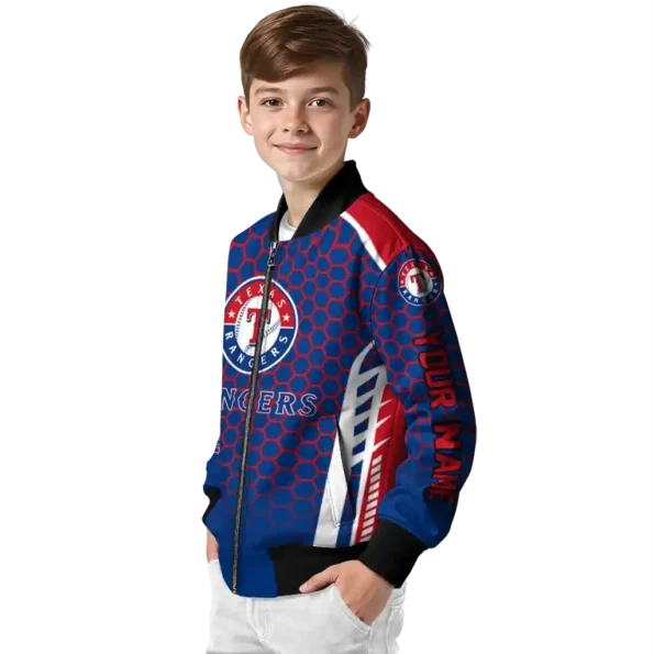 customized texas rangers hexagon grid blue bomber jacket trendy