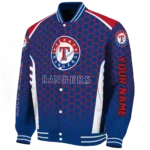 customized texas rangers hexagon grid blue varsity jacket best selling