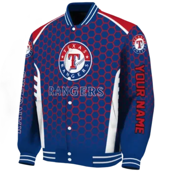 customized texas rangers hexagon grid blue varsity jacket best selling