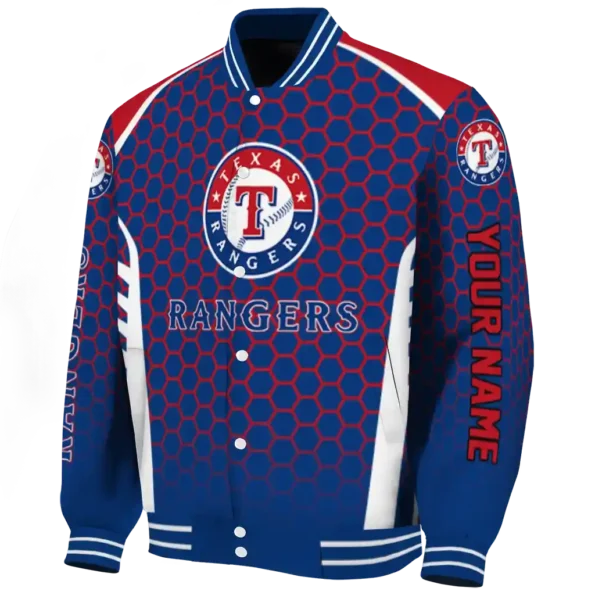 customized texas rangers hexagon grid blue varsity jacket best selling