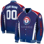 customized texas rangers hexagon grid blue varsity jacket best selling