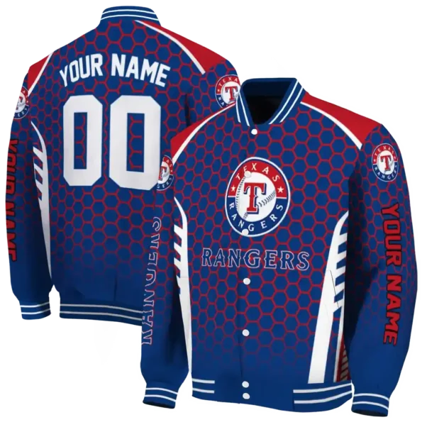 customized texas rangers hexagon grid blue varsity jacket fashion forward