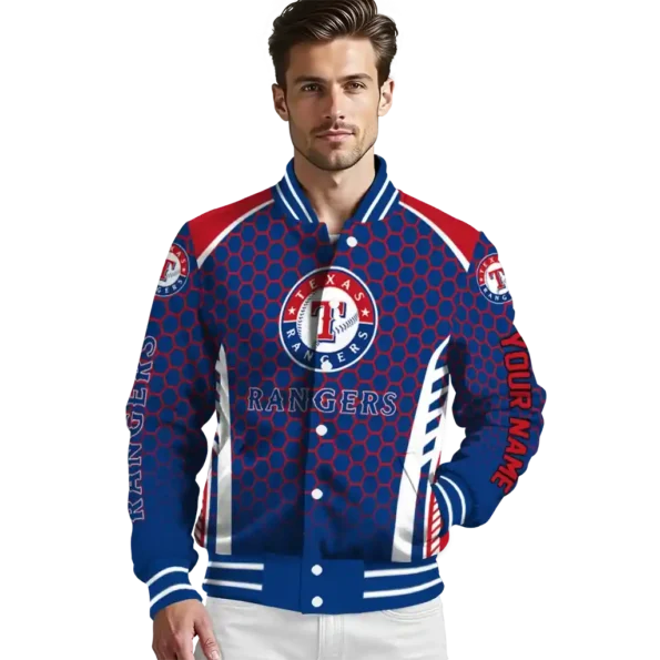 customized texas rangers hexagon grid blue varsity jacket high quality