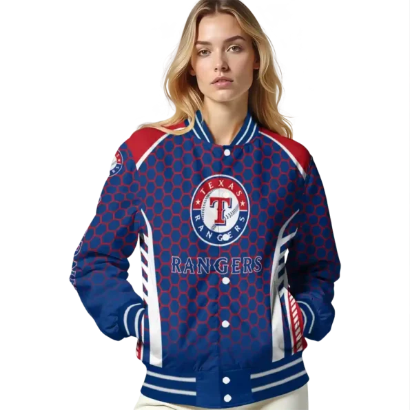 customized texas rangers hexagon grid blue varsity jacket latest model