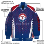 customized texas rangers hexagon grid blue varsity jacket best selling