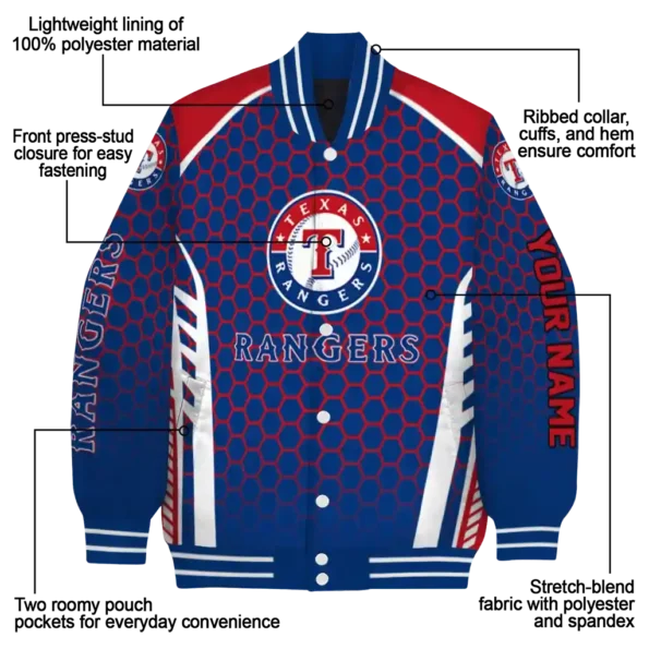 customized texas rangers hexagon grid blue varsity jacket new arrival
