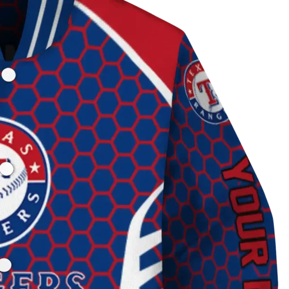 customized texas rangers hexagon grid blue varsity jacket premium grade