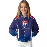 customized texas rangers hexagon grid blue varsity jacket best selling