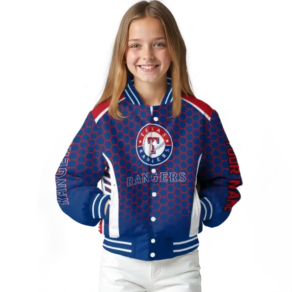customized texas rangers hexagon grid blue varsity jacket top rated
