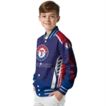 customized texas rangers hexagon grid blue varsity jacket best selling