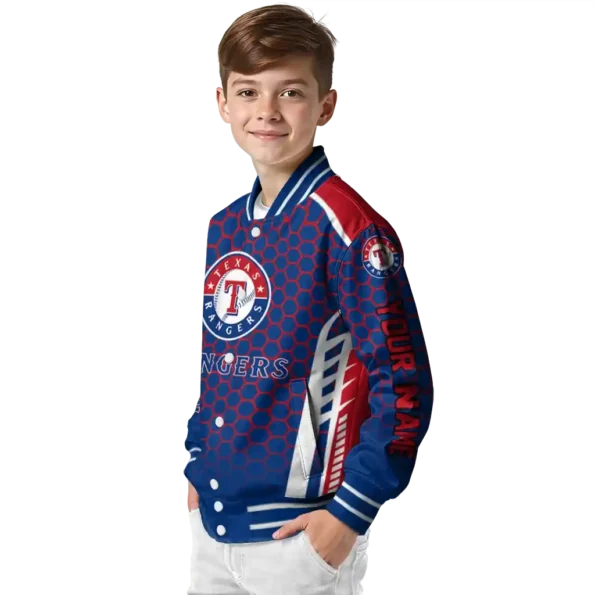 customized texas rangers hexagon grid blue varsity jacket trendy