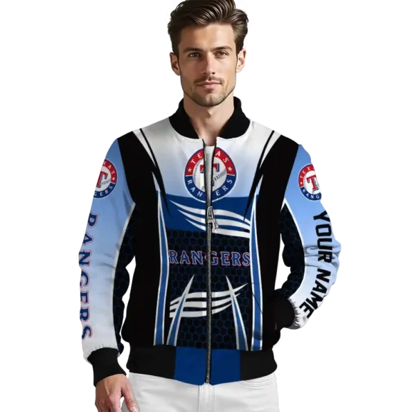 customized texas rangers mesh effect blue black bomber jacket high quality