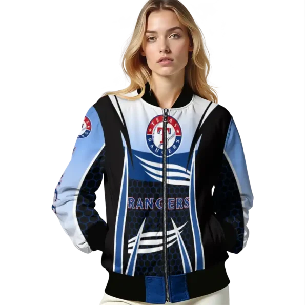 customized texas rangers mesh effect blue black bomber jacket latest model