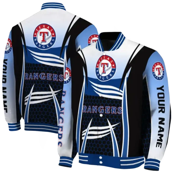 customized texas rangers mesh effect blue black varsity jacket fashion forward