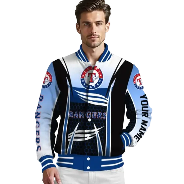 customized texas rangers mesh effect blue black varsity jacket high quality