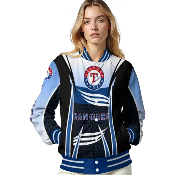 customized texas rangers mesh effect blue black varsity jacket latest model