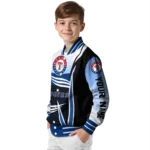 customized texas rangers mesh effect blue black varsity jacket best selling