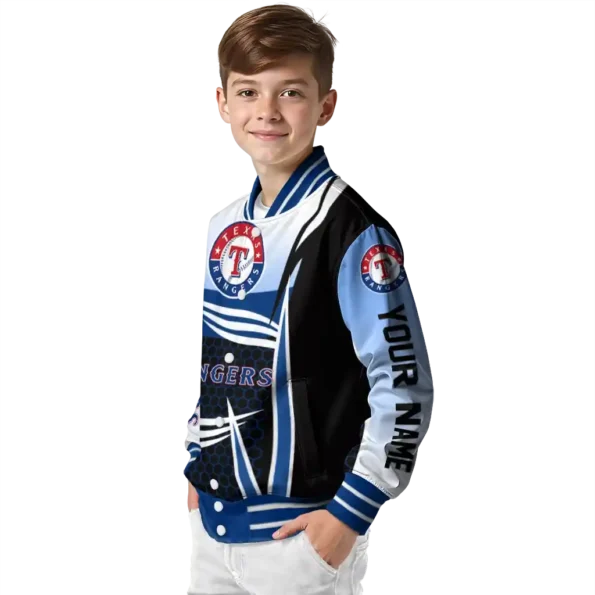 customized texas rangers mesh effect blue black varsity jacket trendy
