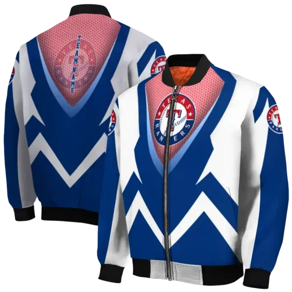 customized texas rangers v stripes blue white bomber jacket fashion forward