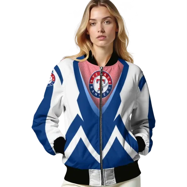 customized texas rangers v stripes blue white bomber jacket latest model