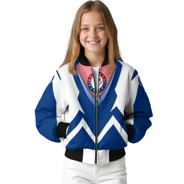 customized texas rangers v stripes blue white bomber jacket top rated