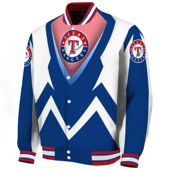 customized texas rangers v stripes blue white varsity jacket best selling