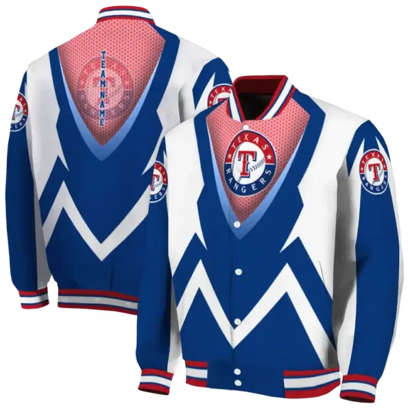 customized texas rangers v stripes blue white varsity jacket fashion forward