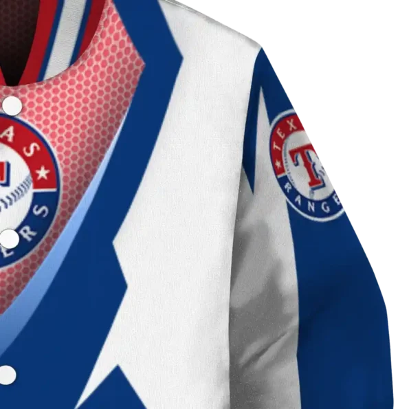 customized texas rangers v stripes blue white varsity jacket premium grade