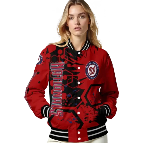customized washington nationals hexagon cluster red black varsity jacket latest model