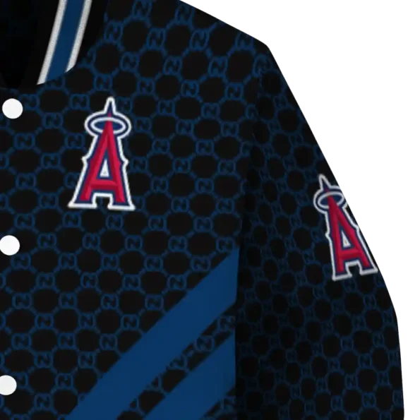 los angeles angels triple side stripes blue black varsity jacket premium grade