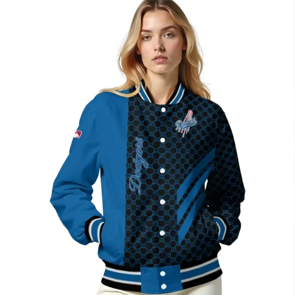 los angeles dodgers triple side stripes blue black varsity jacket latest model