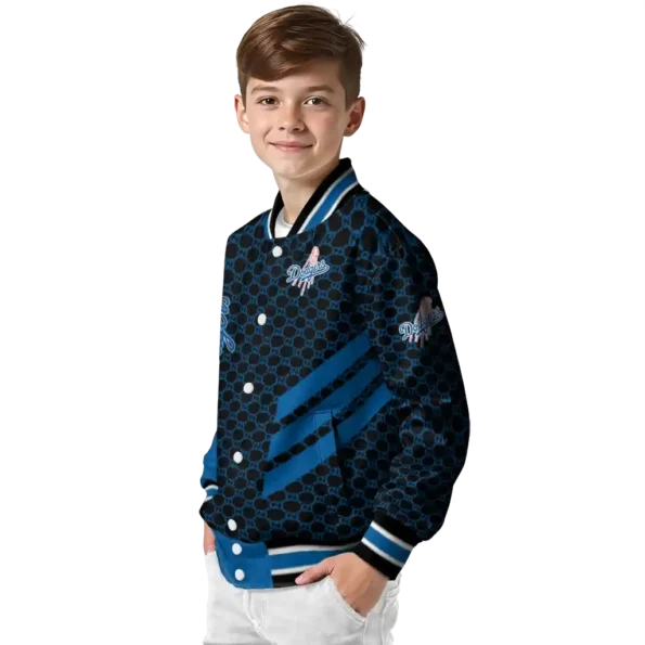 los angeles dodgers triple side stripes blue black varsity jacket trendy