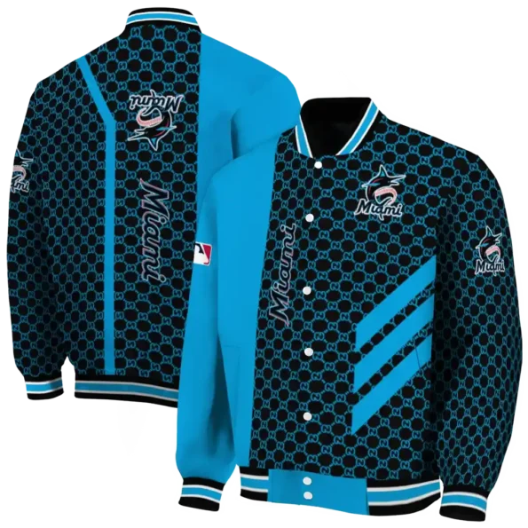 miami marlins triple side stripes blue black varsity jacket fashion forward
